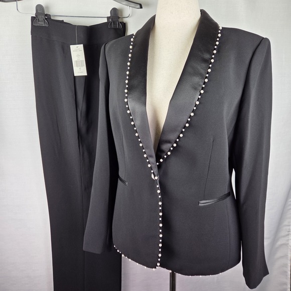 Tahari Black Pearl Trim 2 Piece Pant Suit Women's 12 Cocktail Evening Career